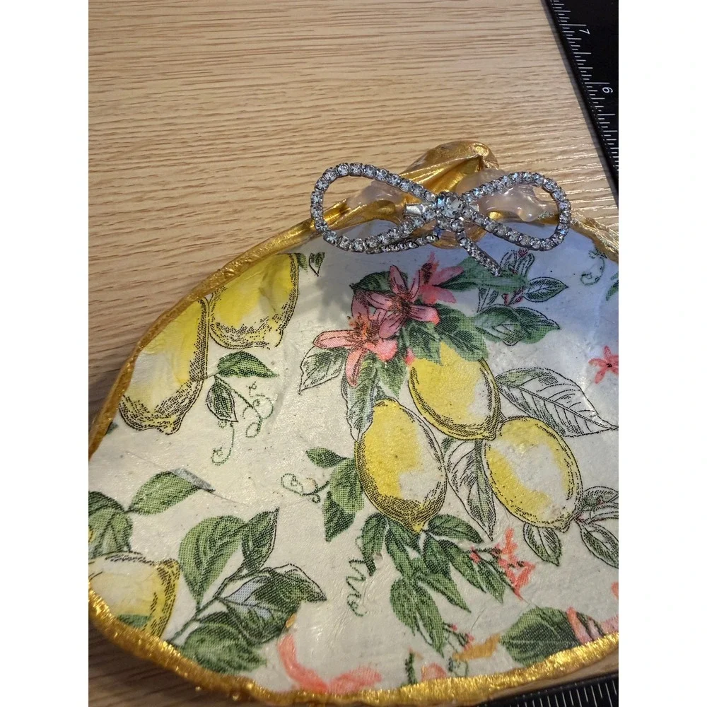 Handmade Decoupage Shell Trinket Dish Lemon Floral‎ Gold Rim Rhinestone Bow 4.5